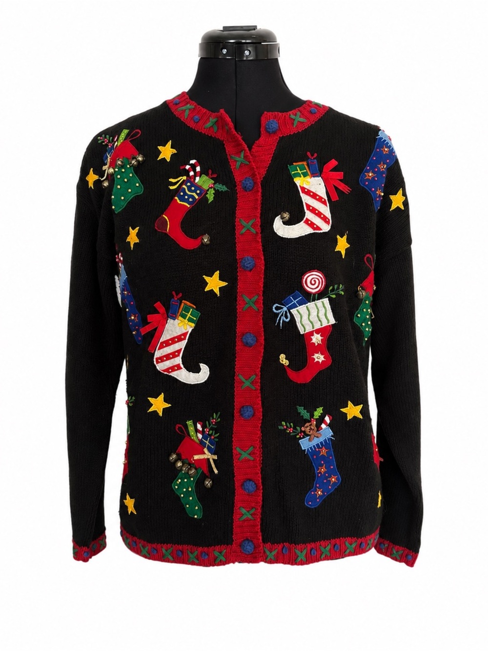Tiara Petite Vintage Christmas Cardigan Sweater Black Holiday Stockings PS